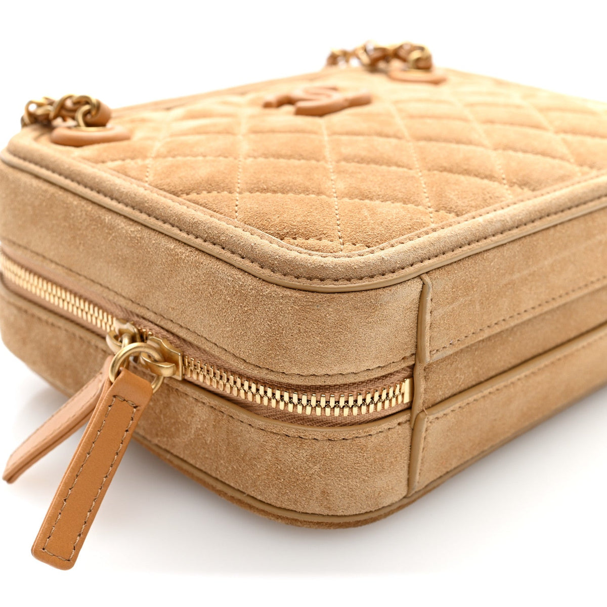 Suede Quilted CC Tassel Camera Case Light Brown