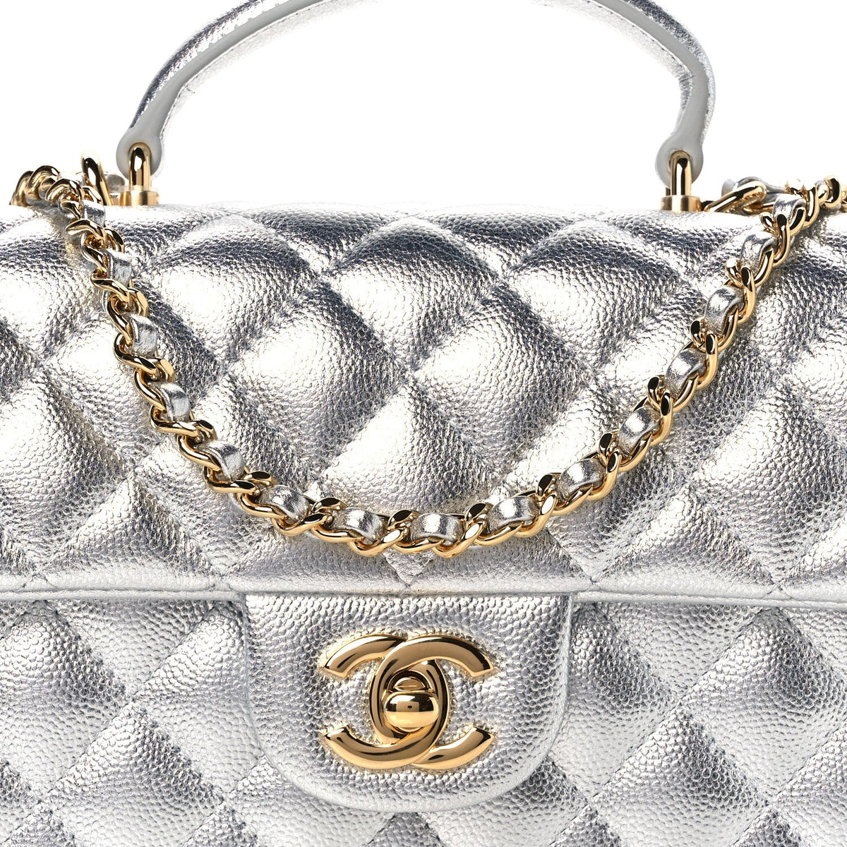 Metallic Caviar Quilted Top Handle East West Flap Silver