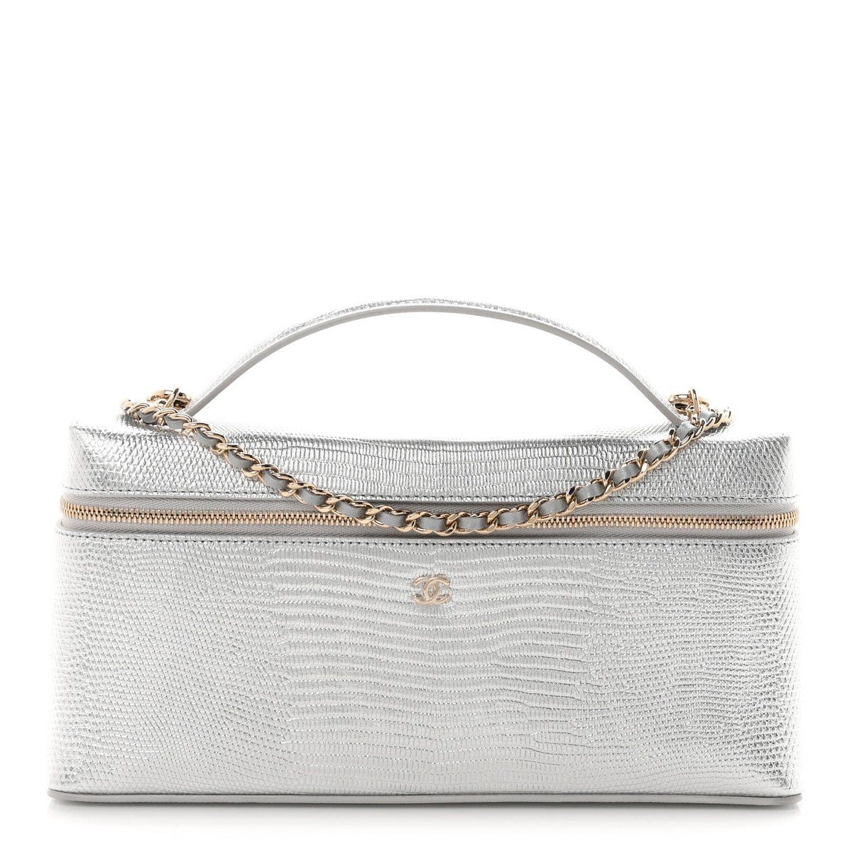 Lizard Embossed Calfskin Exoticoco Long Vanity With Chain Silvery
