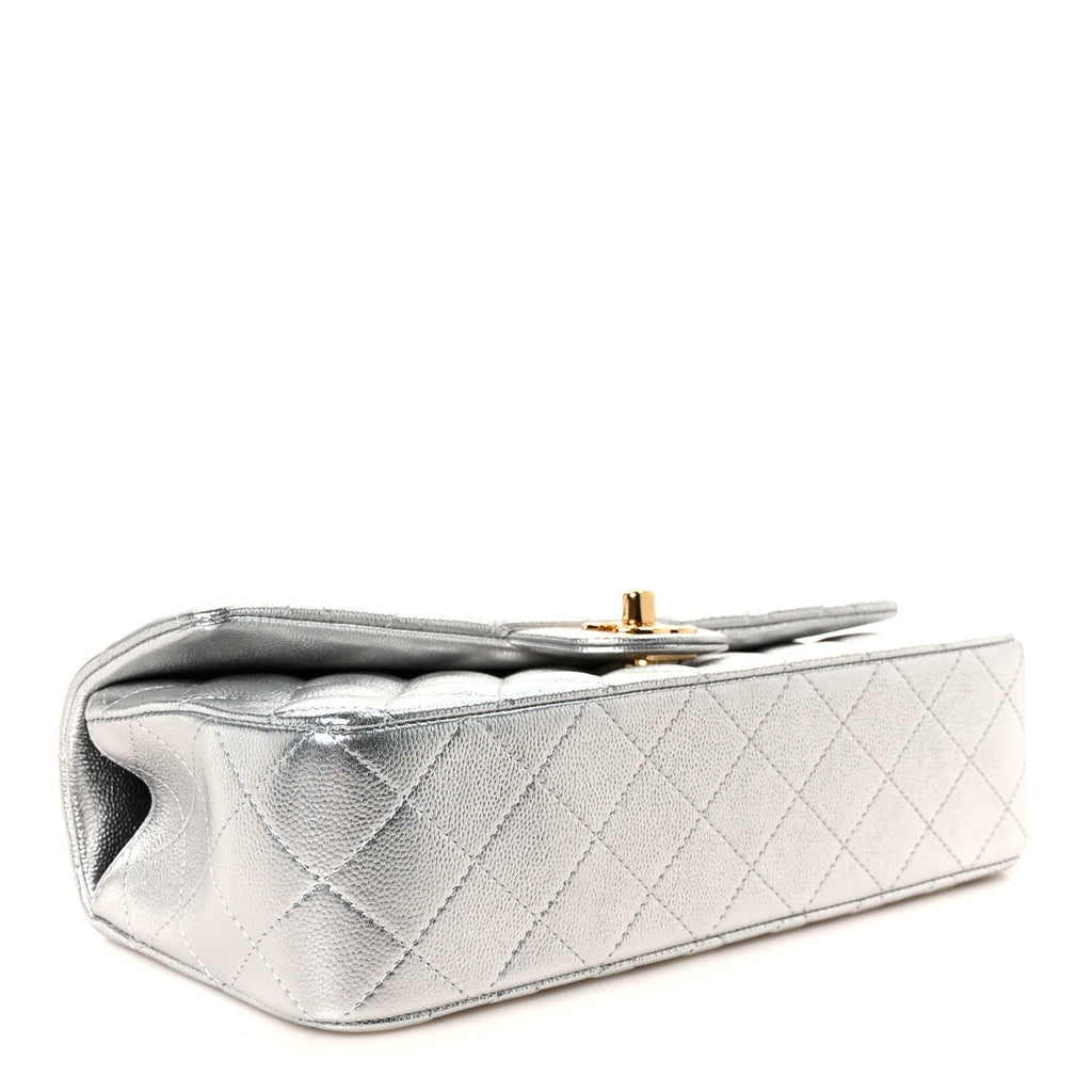 Metallic Caviar Quilted Top Handle East West Flap Silver