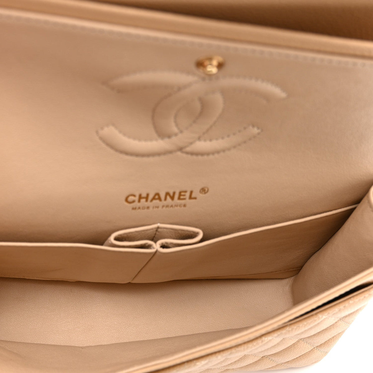 Caviar Quilted Medium Double Flap Beige