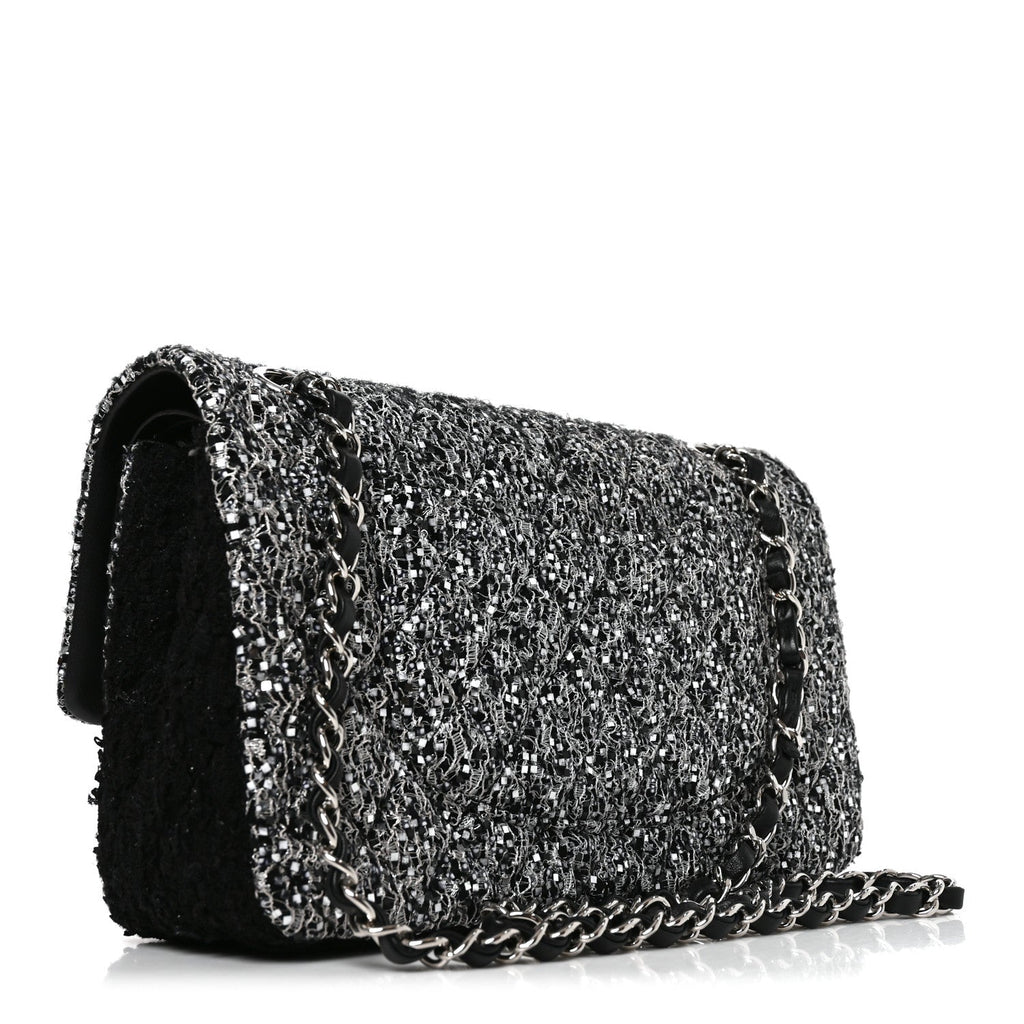 Tweed Sequin Patchwork Medium Double Flap Black White
