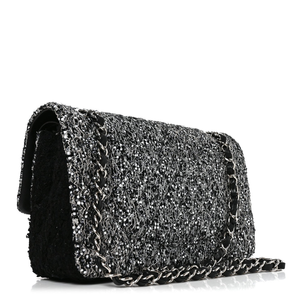 Tweed Sequin Patchwork Medium Double Flap Black White