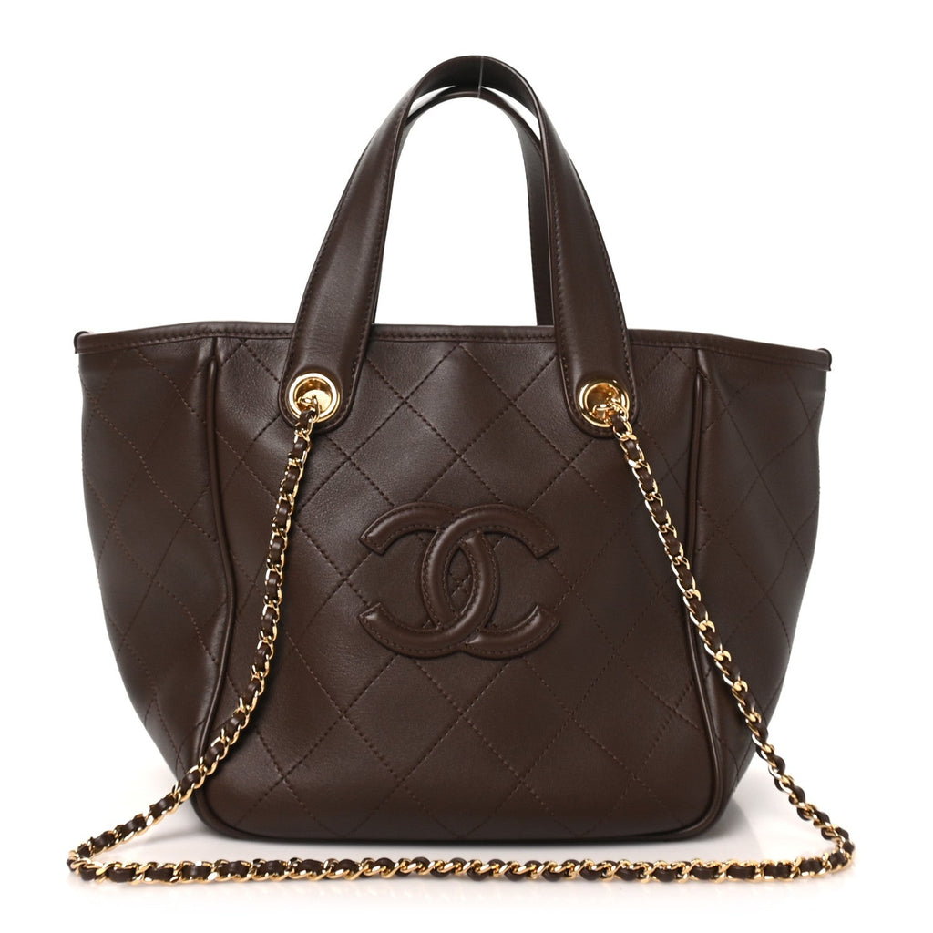 Calfskin Stitched Mini Shopping Tote  Dark Brown
