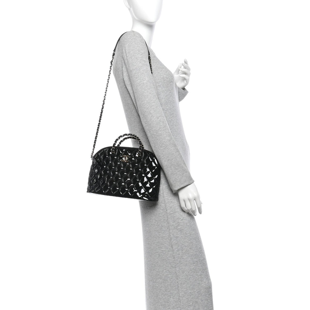 Patent Quilted Shiny Coco Small Shopping Bag Black