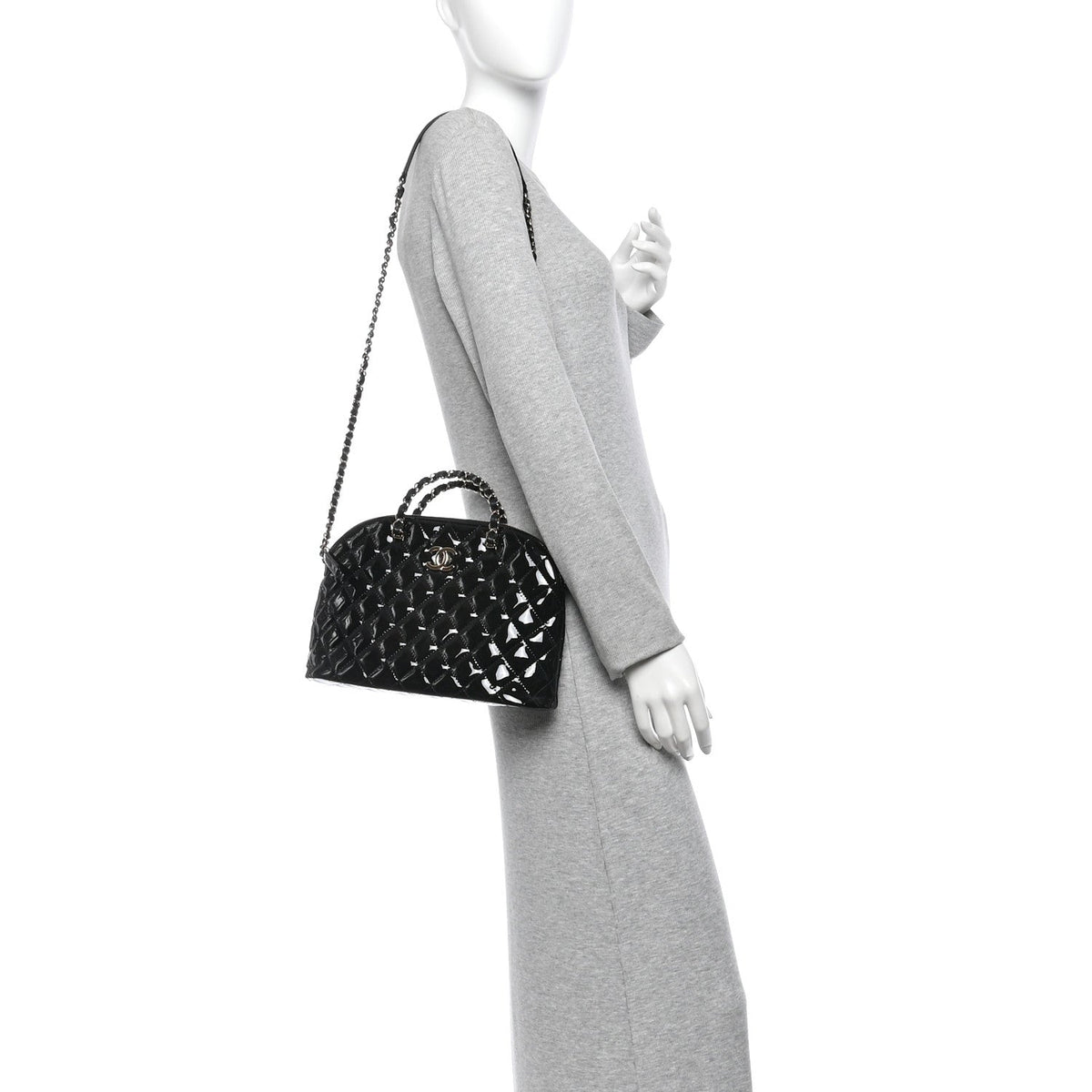 Patent Quilted Shiny Coco Small Shopping Bag Black