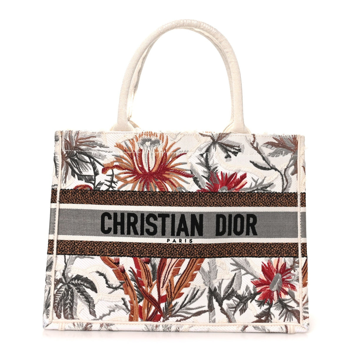 Canvas Embroidered Medium Camouflage Flowers Book Tote Latte Multicolor