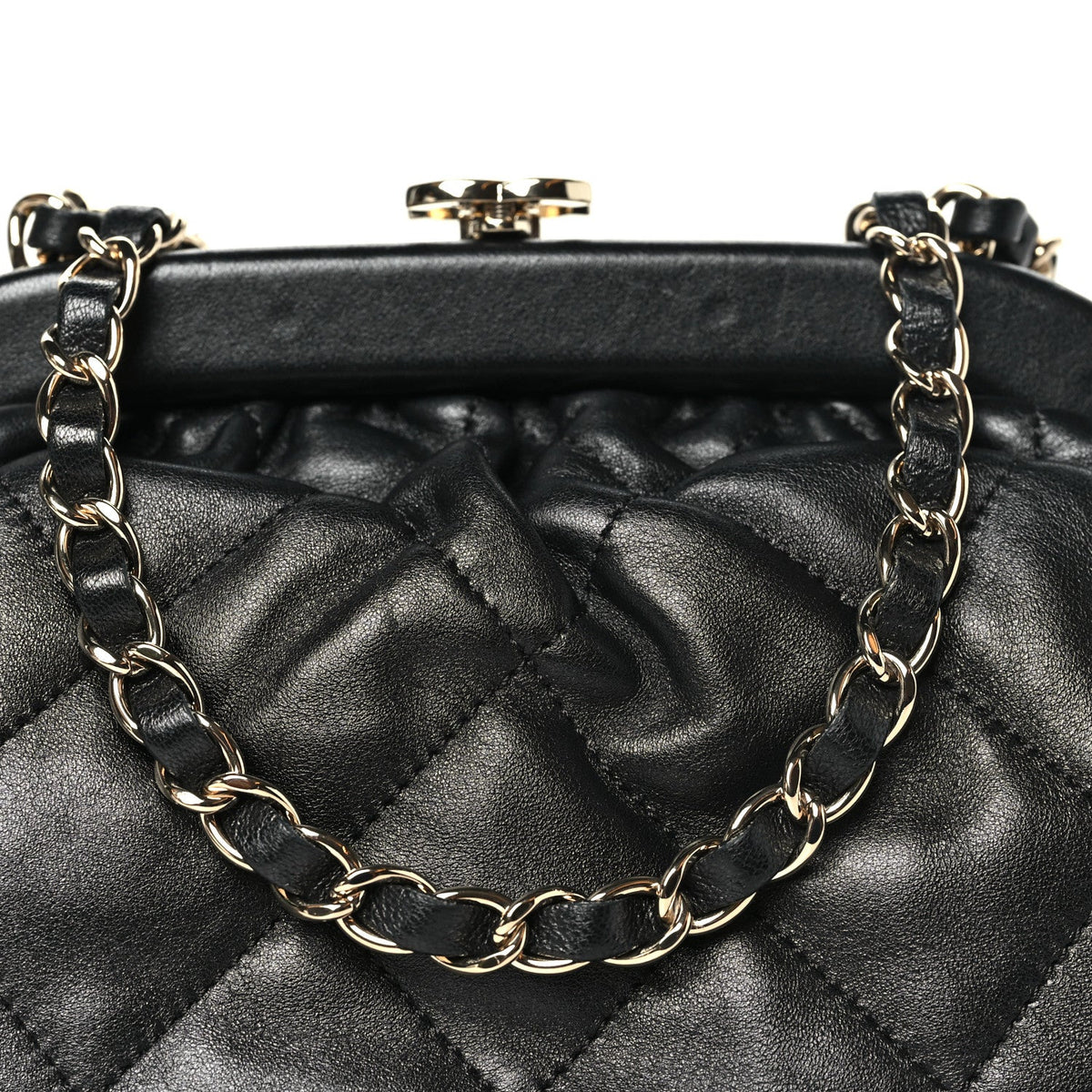 Lambskin Quilted CC Kisslock Clutch Black