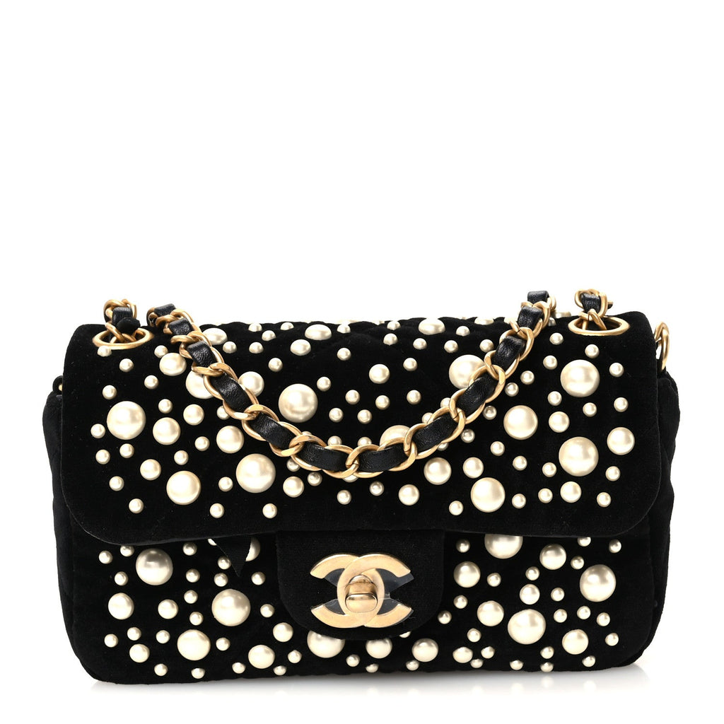 Velvet Pearl Mini Flap Bag Black