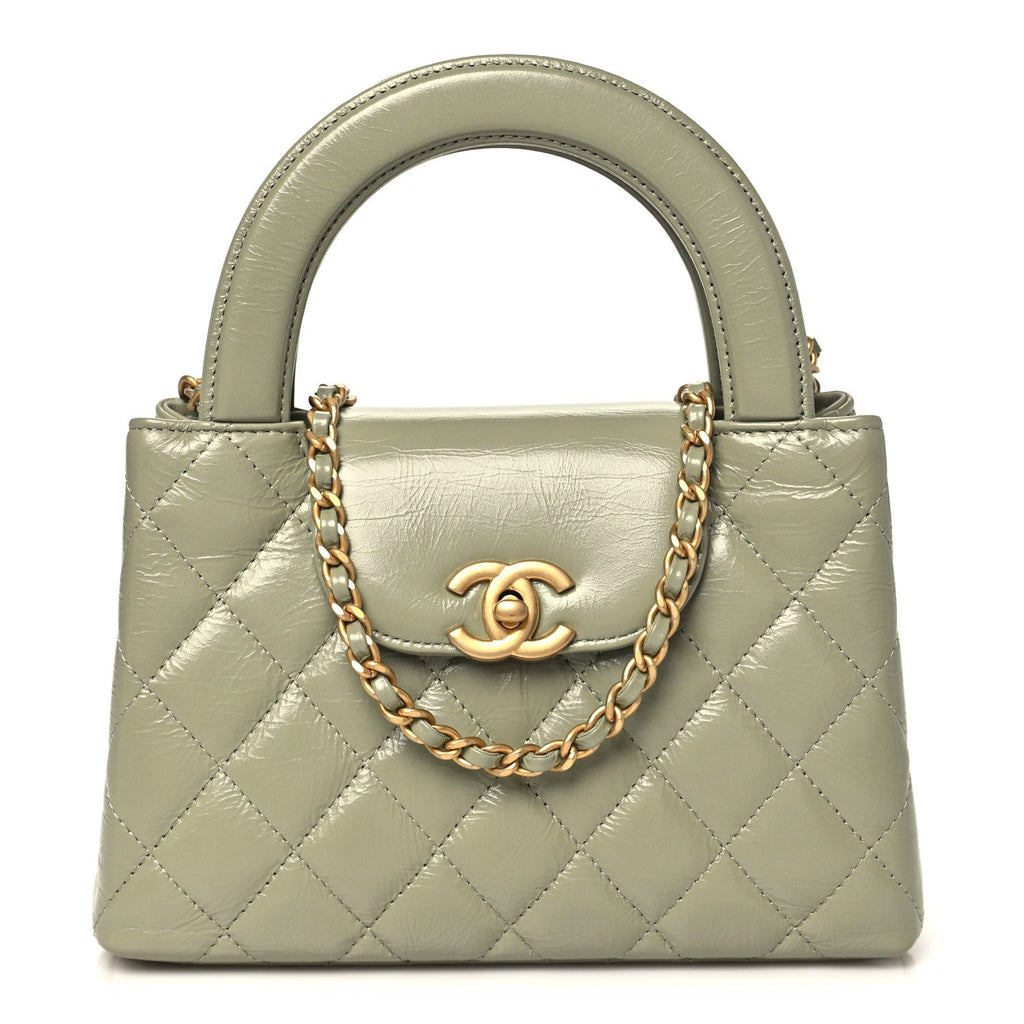 Shiny Aged Calfskin Quilted Nano Kelly Shopper Khaki