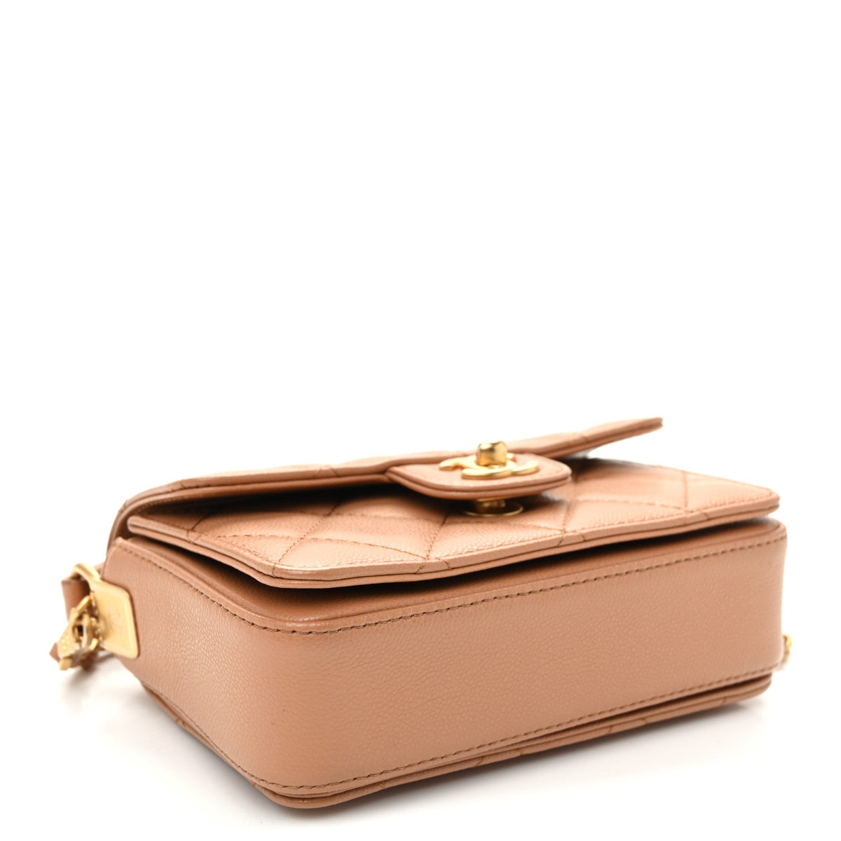 Shiny Caviar Quilted Mini Top Handle Flap Bag Camel