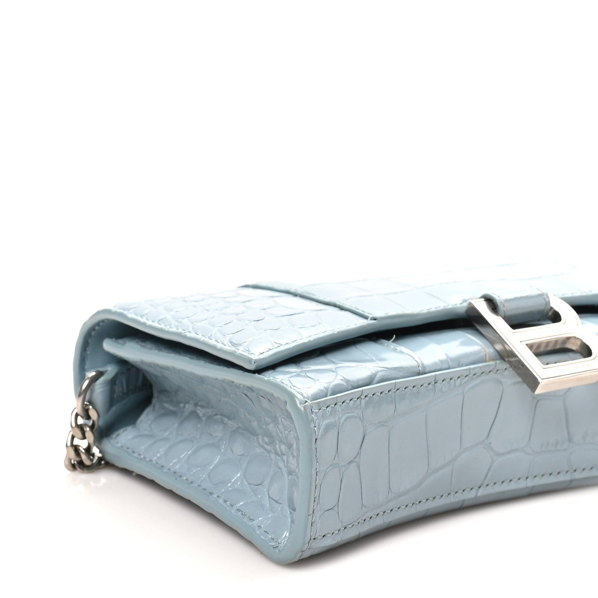 Shiny Calfskin Crocodile Embossed Hourglass Chain Bag Blue Grey