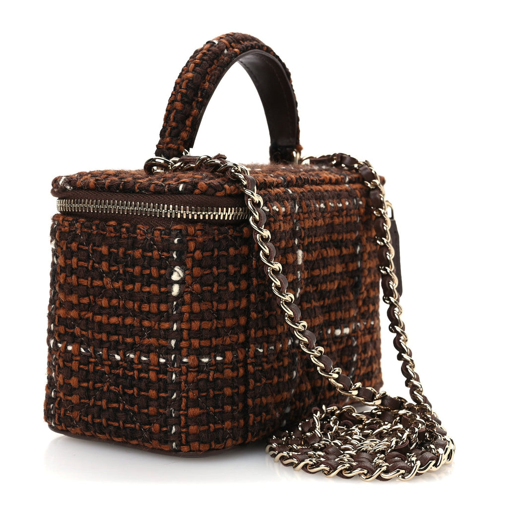 Tweed Small Top Handle Vanity Case With Chain Brown Multicolor