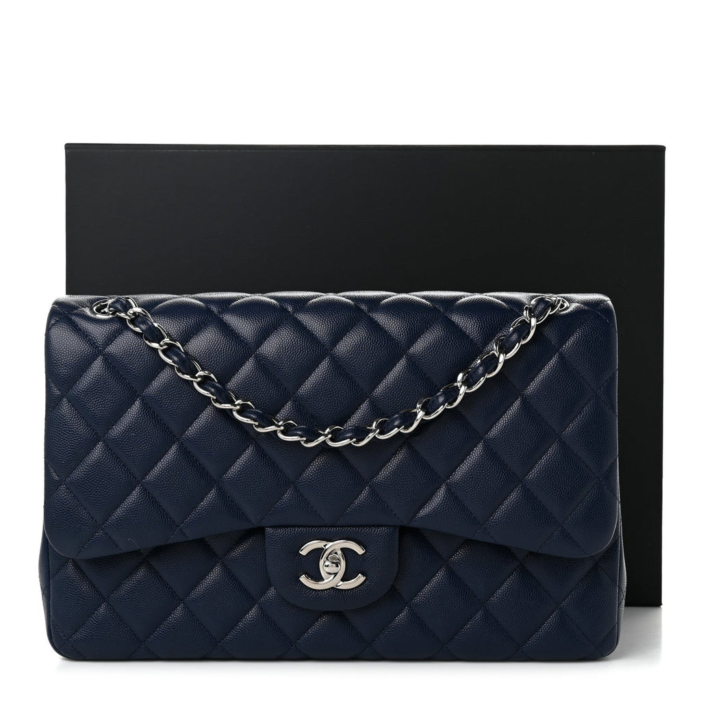 Caviar Quilted Jumbo Double Flap Navy Blue