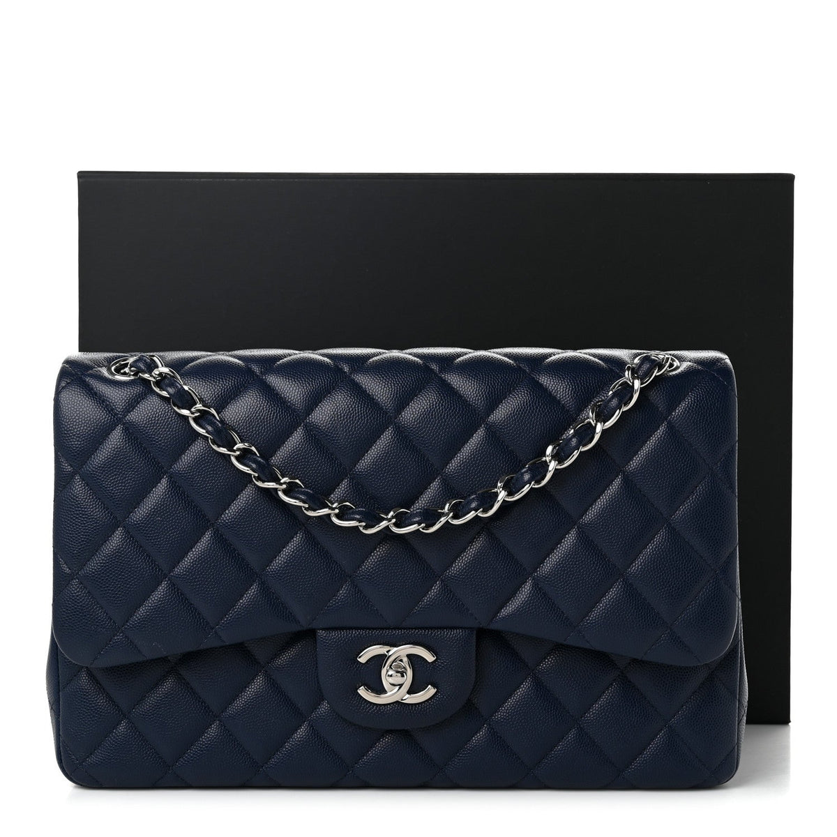 Caviar Quilted Jumbo Double Flap Navy Blue