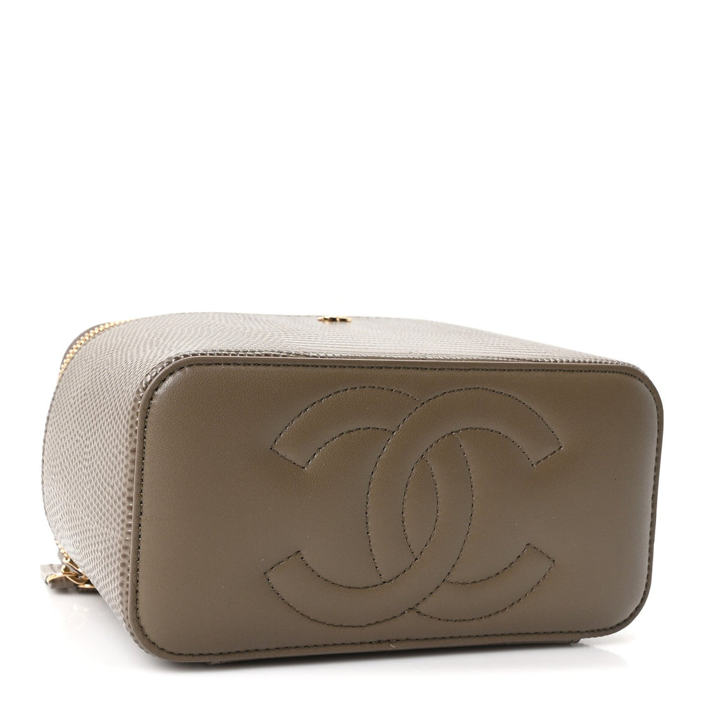 Calfskin Lizard Embossed Top Handle Vanity With Chain Dark Khaki