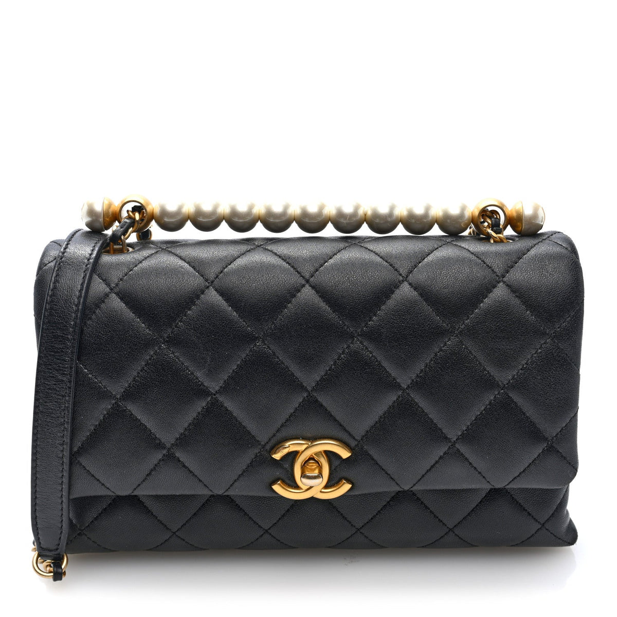 Lambskin Quilted Pearl Handle Flap Black