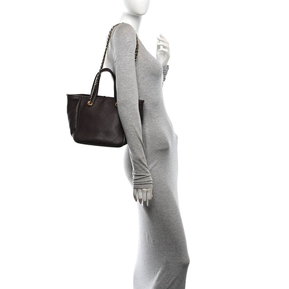 Calfskin Stitched Mini Shopping Tote  Dark Brown