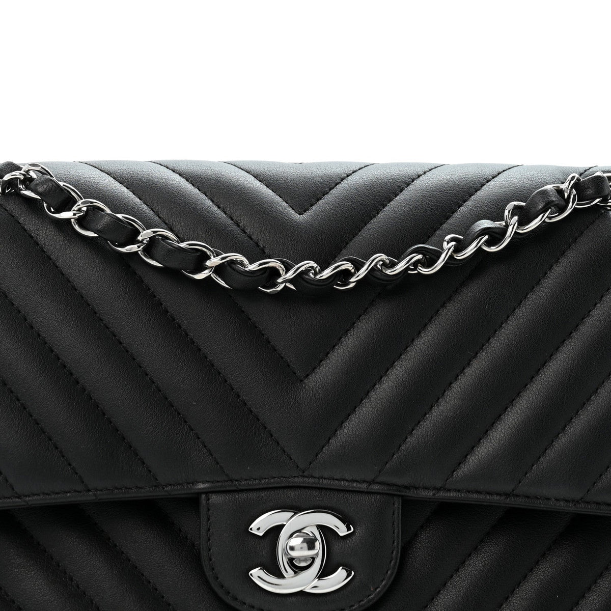 Lambskin Chevron Quilted Medium Double Flap Black