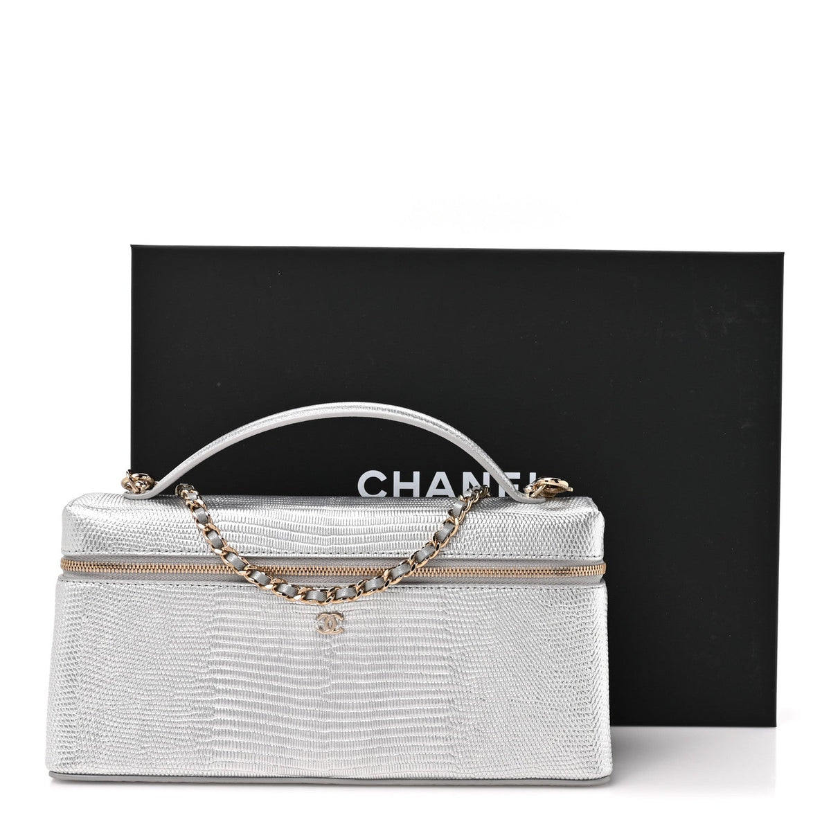 Lizard Embossed Calfskin Exoticoco Long Vanity With Chain Silvery