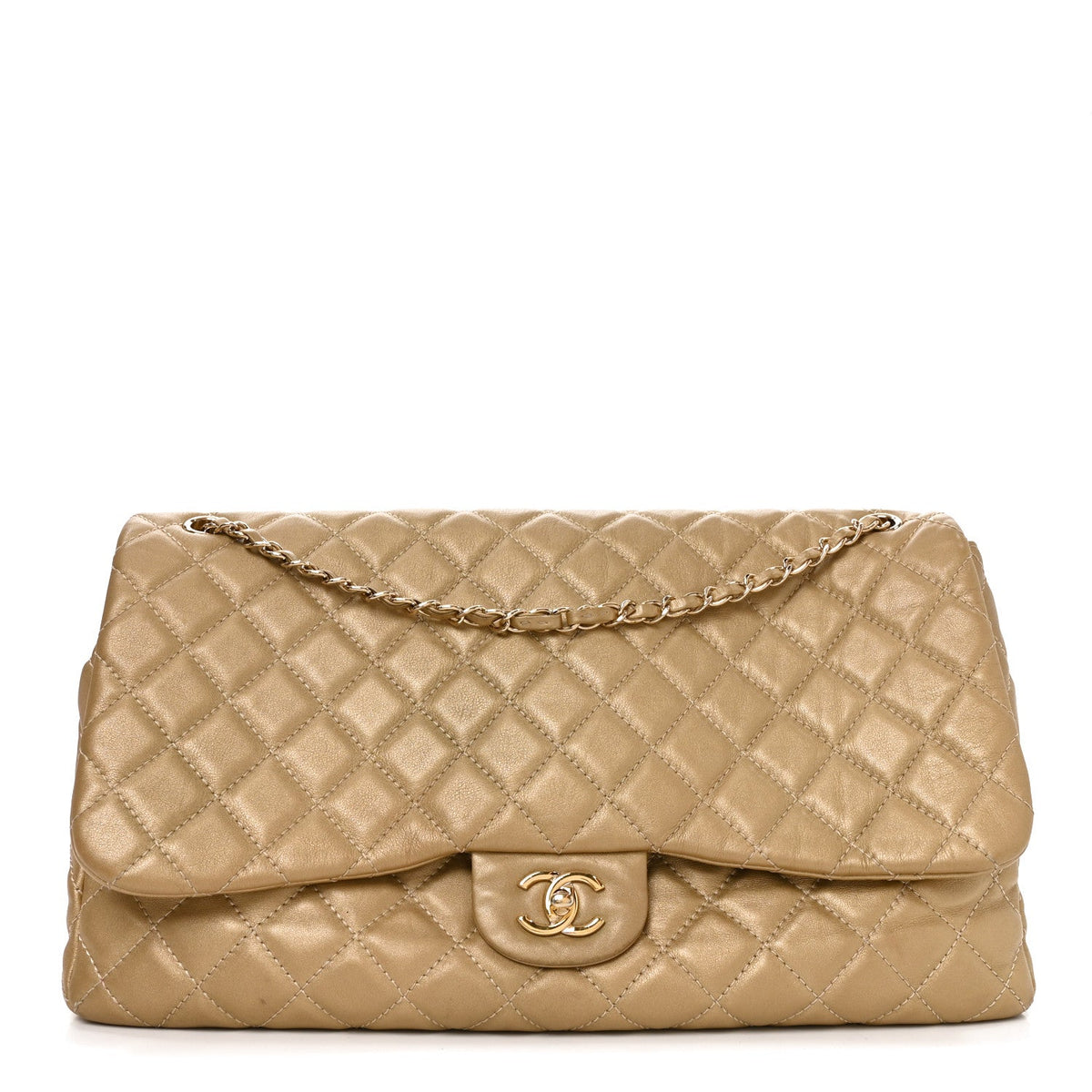 Metallic Calfskin Quilted Small XXL Travel Flap Bag Gold