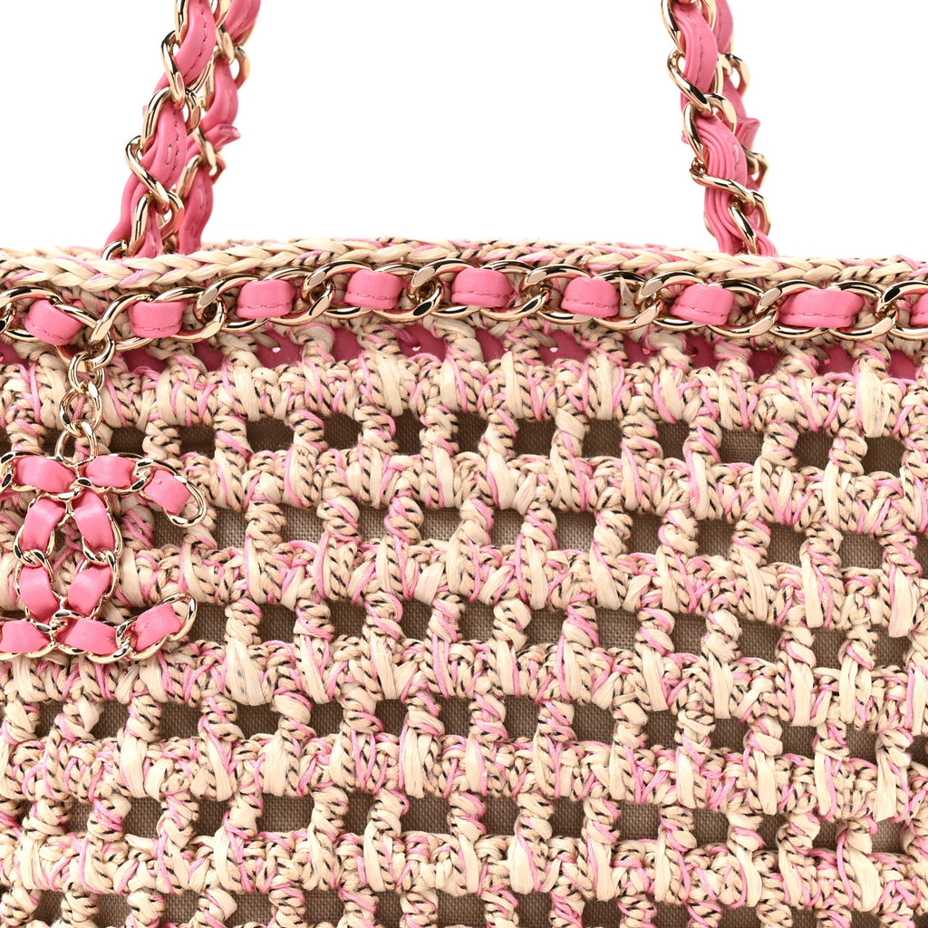 Mixed Fibers Calfskin Crochet Small Shopping Bag Beige Pink