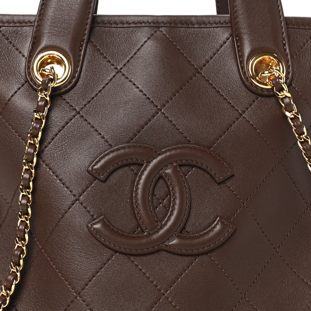 Calfskin Stitched Mini Shopping Tote  Dark Brown