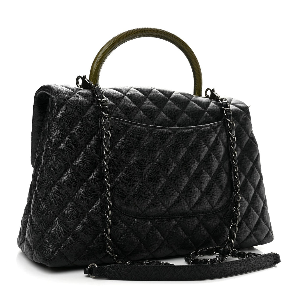 Caviar Lizard Quilted Medium Coco Handle Flap Black Khaki