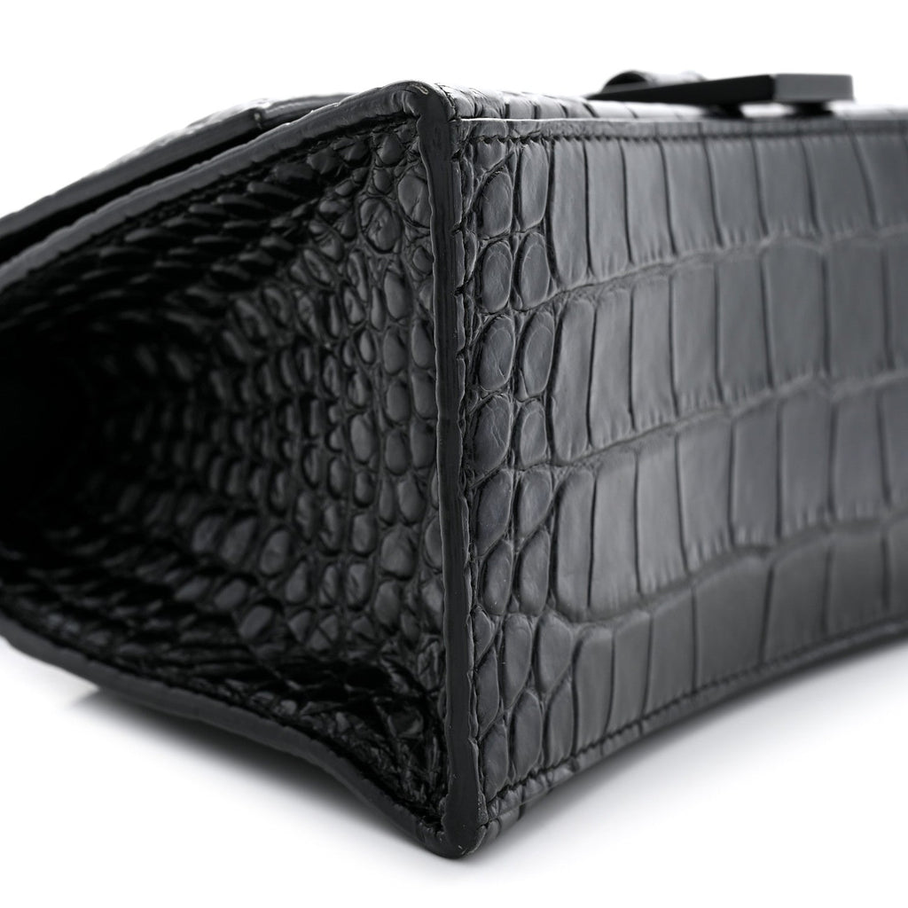 Shiny Calfskin Monochrome Crocodile Embossed Small Hourglass Top Handle Bag Black