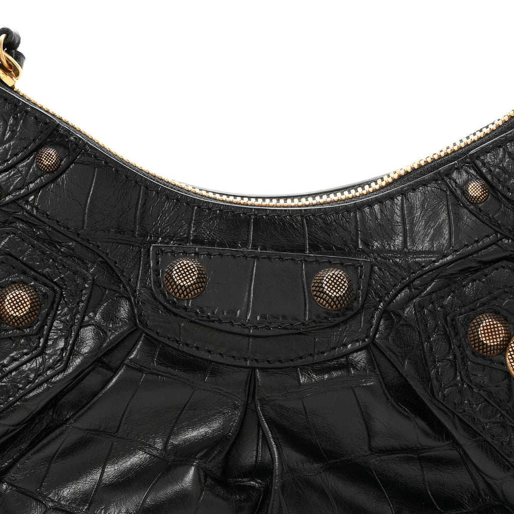 Extra Supple Calfskin Crocodile Embossed Le Cagole Shoulder Bag XS Black
