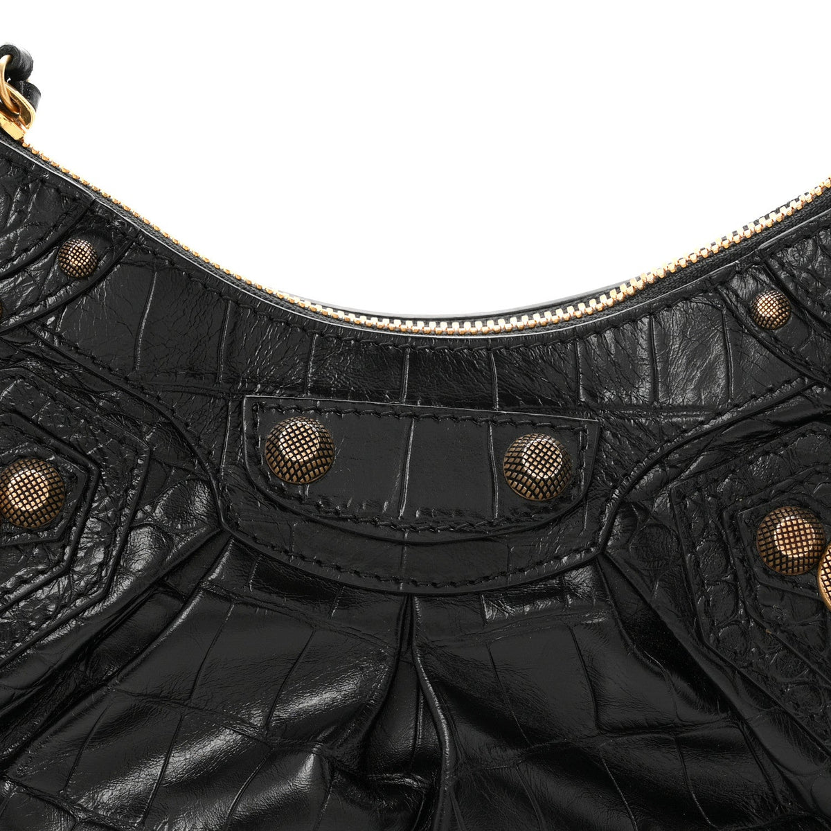 Extra Supple Calfskin Crocodile Embossed Le Cagole Shoulder Bag XS Black