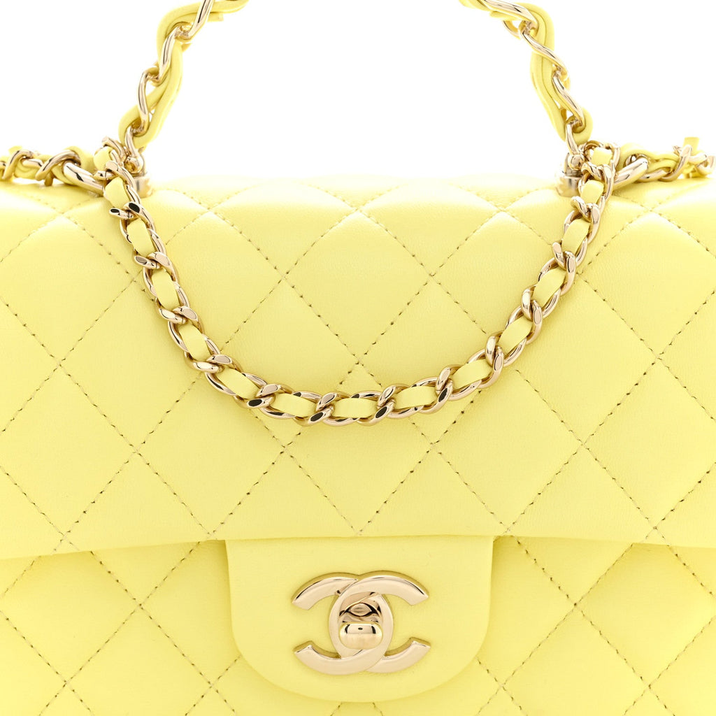 Lambskin Quilted Mini Chain Top Handle Rectangular Flap Light Yellow