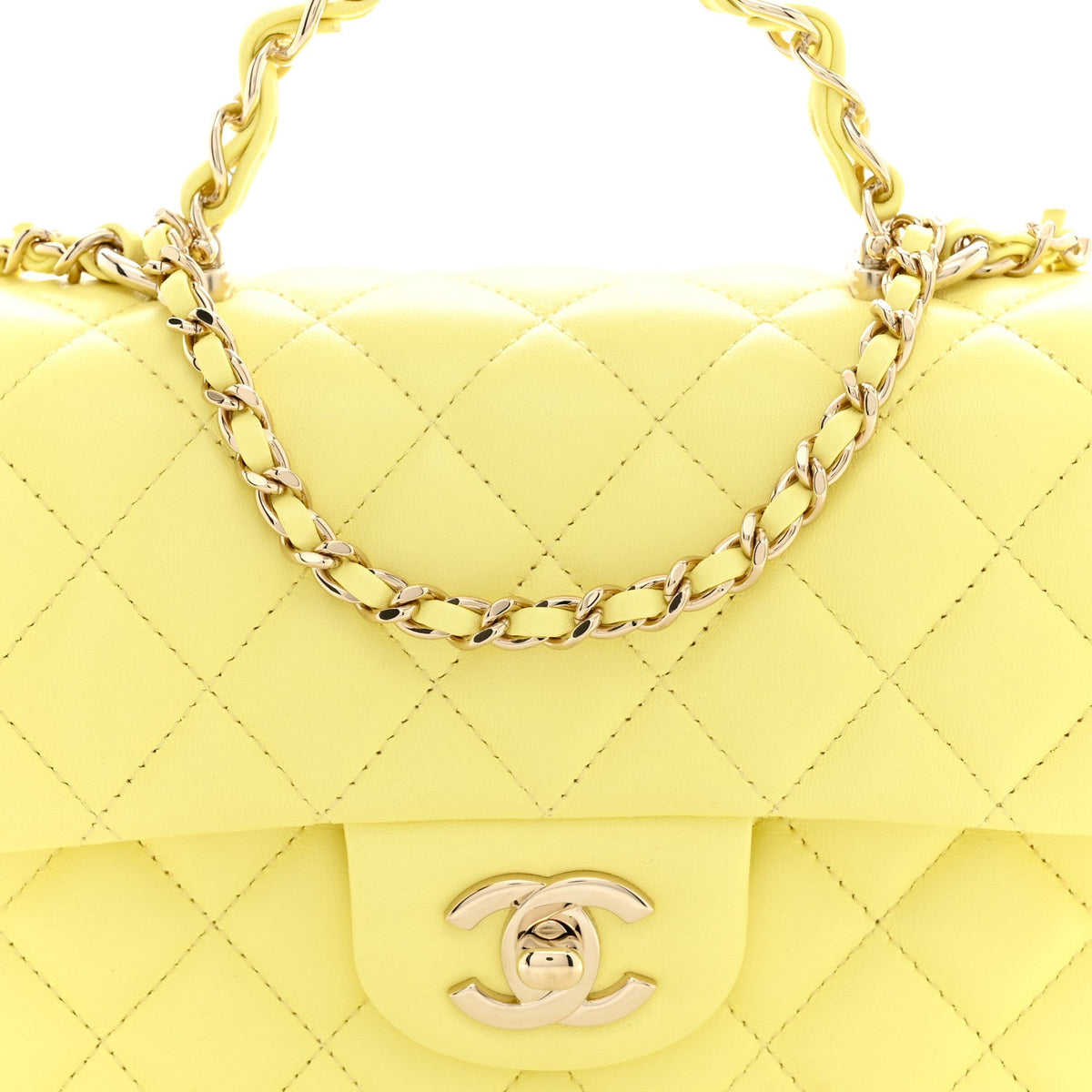Lambskin Quilted Mini Chain Top Handle Rectangular Flap Light Yellow