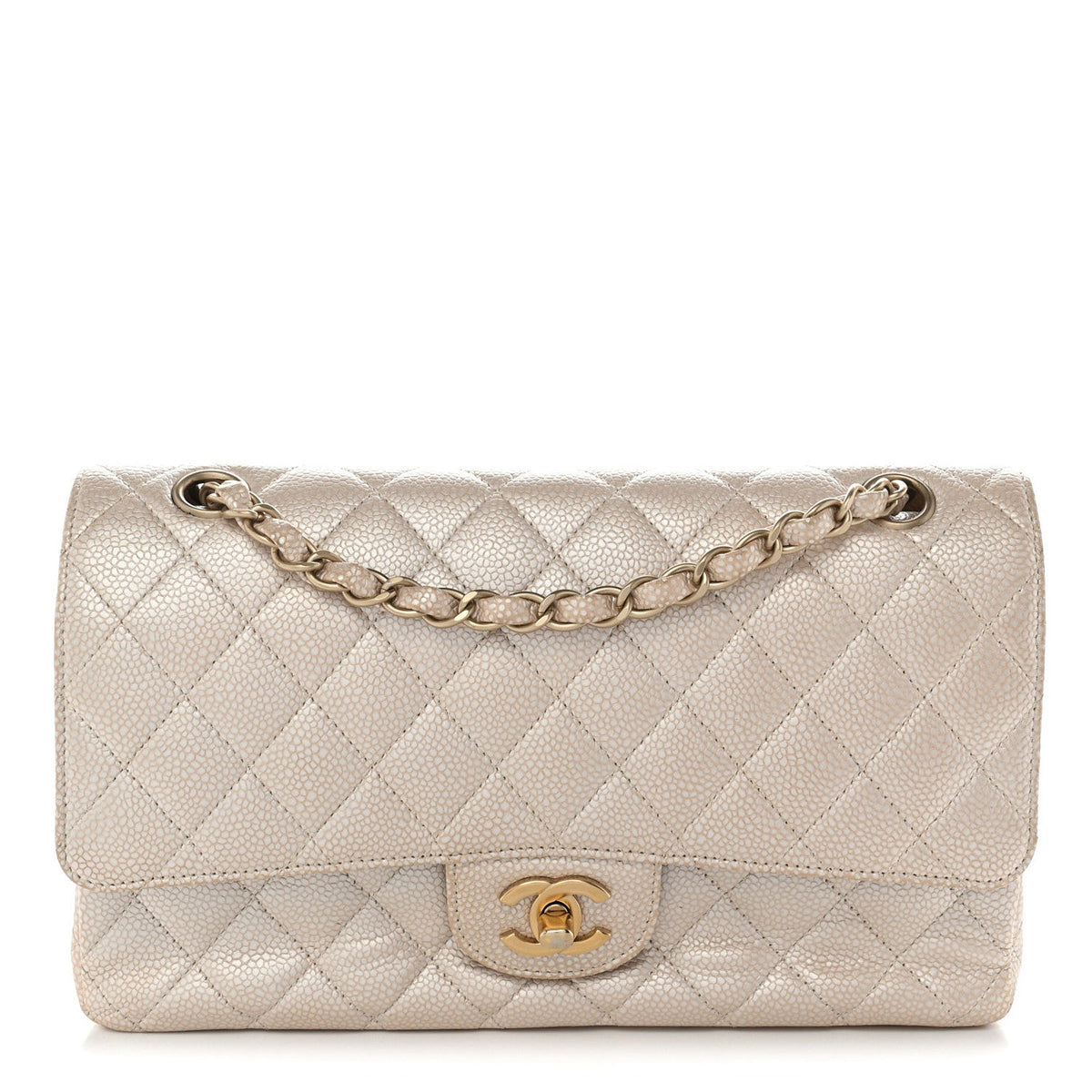 Pearly Caviar Quilted Medium Double Flap Light Beige