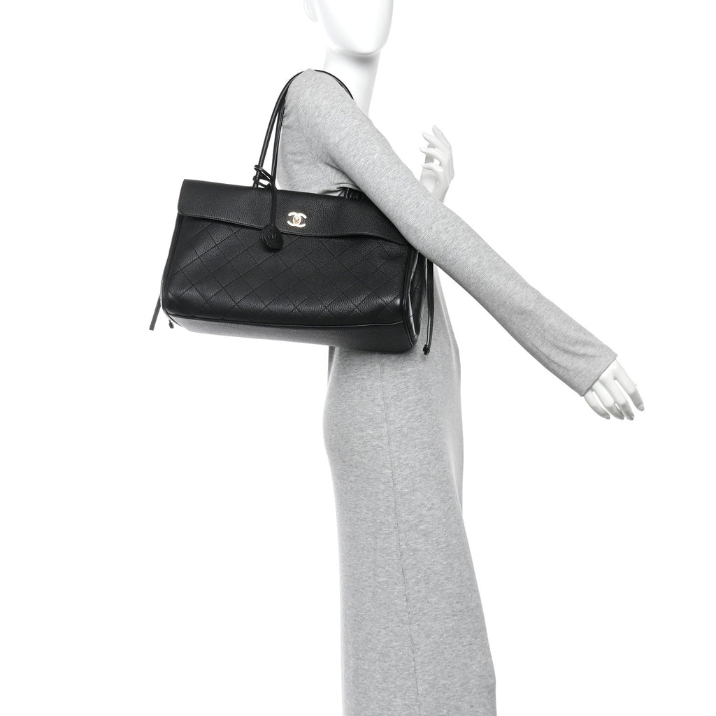 Grained Calfskin Stitched Urban Essentials Shopping Bag Black