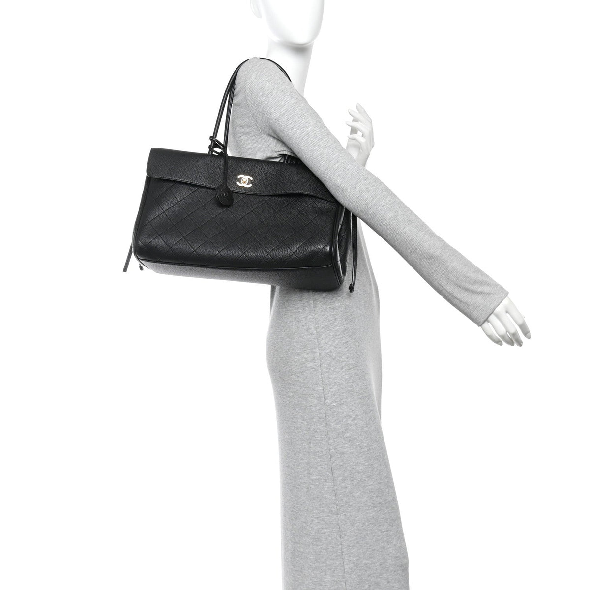Grained Calfskin Stitched Urban Essentials Shopping Bag Black
