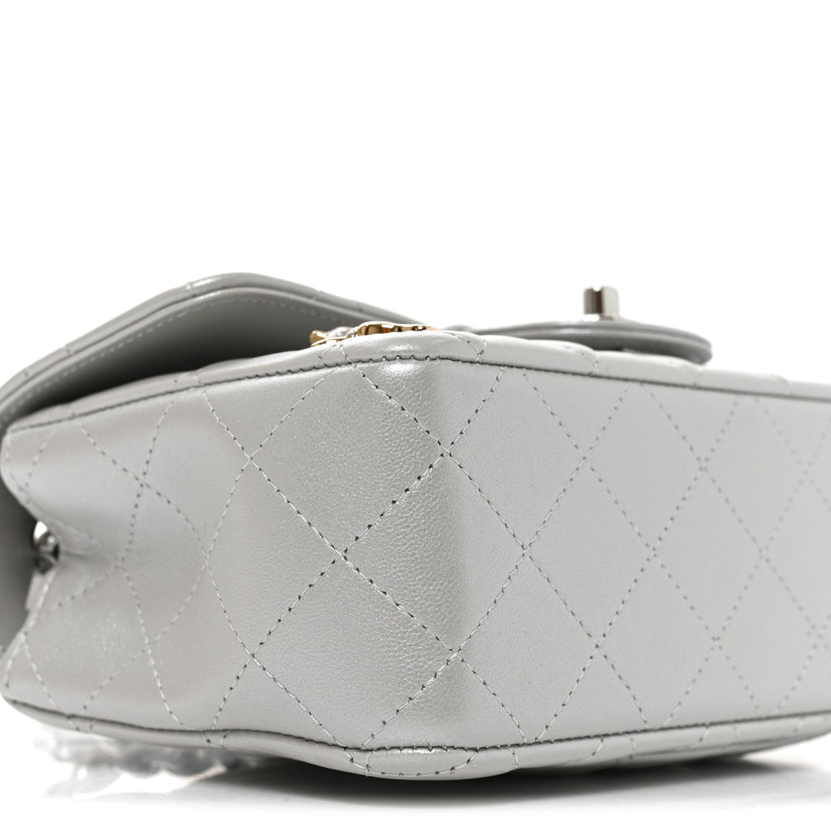 Metallic Lambskin Quilted Space Charms Mini Rectangular Flap Silver