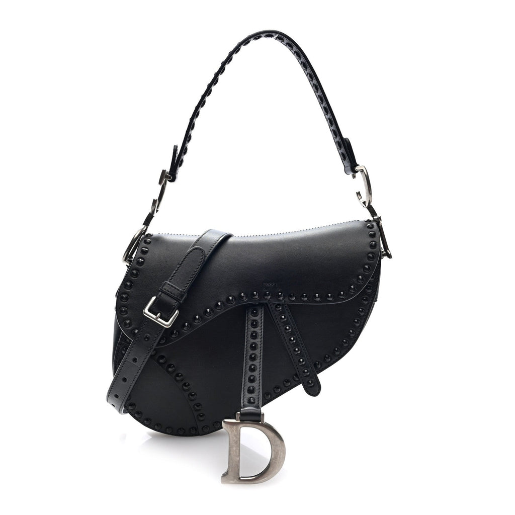 Calfskin Studded Saddle Bag With Strap Black
