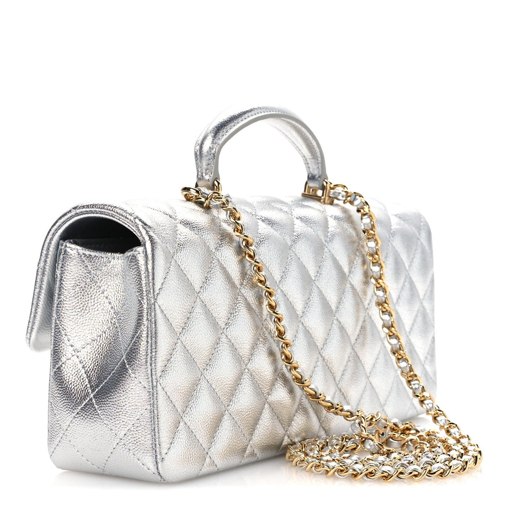 Metallic Caviar Quilted Top Handle East West Flap Silver