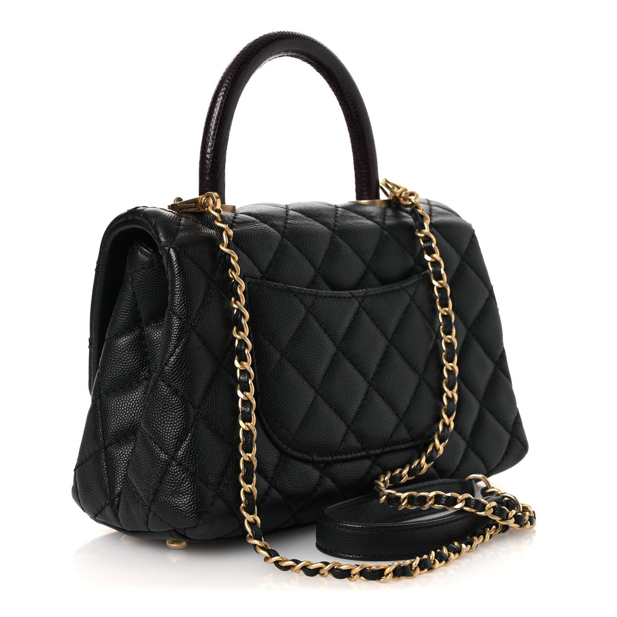 Caviar Lizard Embossed Quilted Mini Coco Handle Flap Black