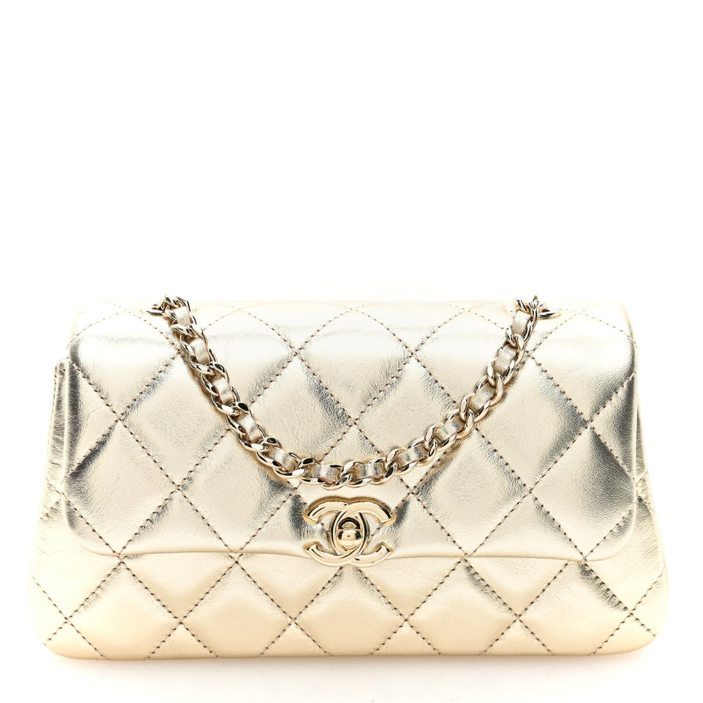Metallic Lambskin Quilted Flap Phone Holder With Chain Gold