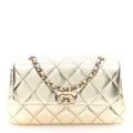 Metallic Lambskin Quilted Flap Phone Holder With Chain Gold