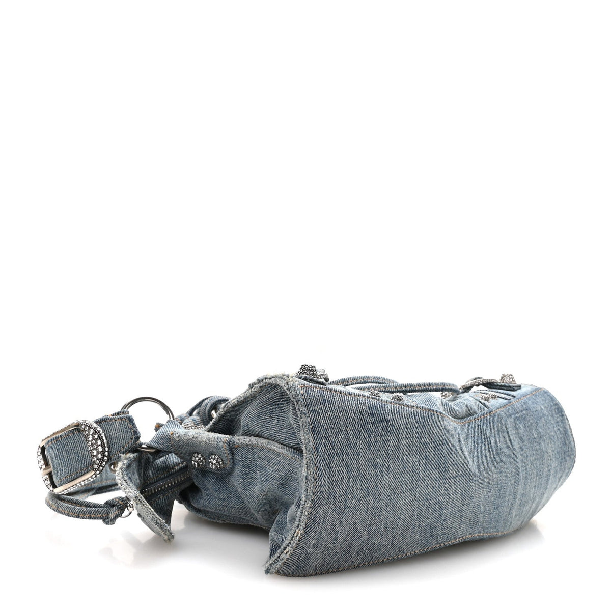 Washed Frayed Denim Crystal Neo Cagole Handbag XS Blue