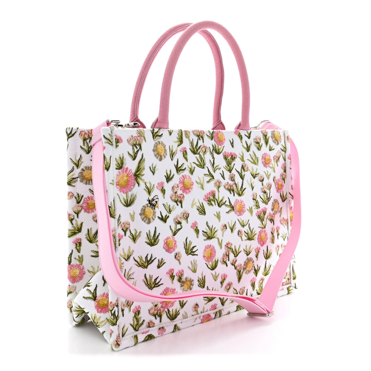 Cotton Toile De Jouy Daisy Garden Embroidered Dior Medaillon Small Book Tote With Strap Pink Multicolor