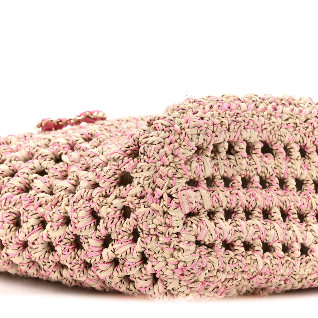 Mixed Fibers Calfskin Crochet Small Shopping Bag Beige Pink