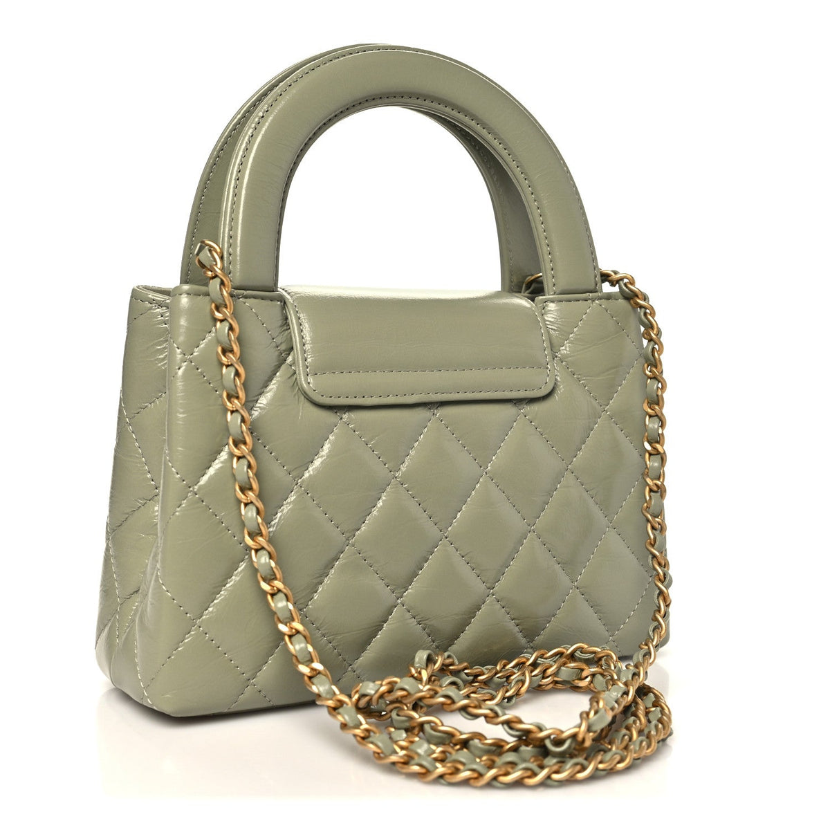 Shiny Aged Calfskin Quilted Nano Kelly Shopper Khaki