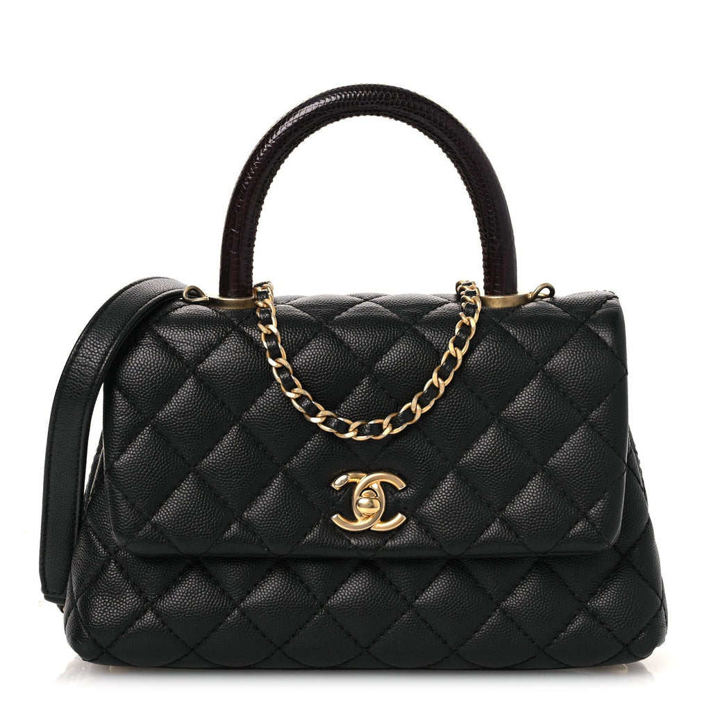 Caviar Lizard Embossed Quilted Mini Coco Handle Flap Black