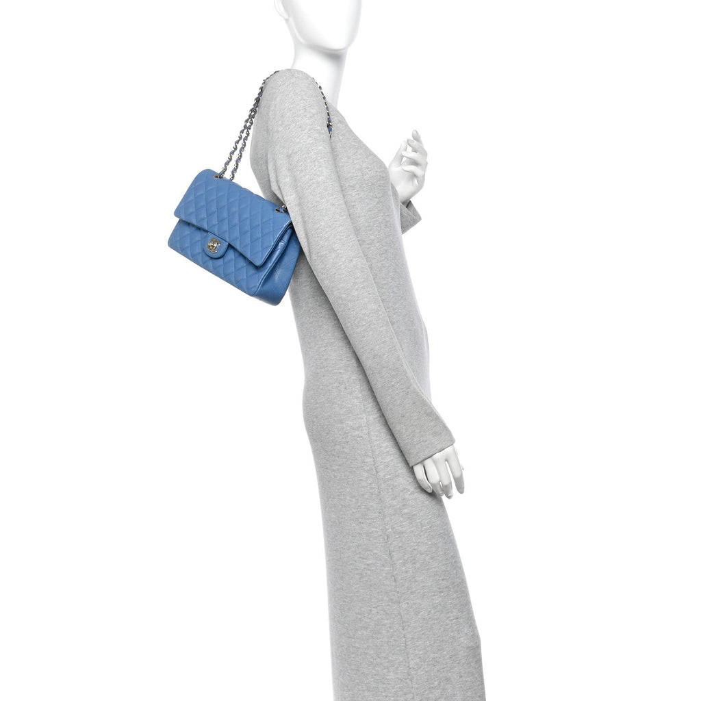 Caviar Quilted Medium Double Flap Blue