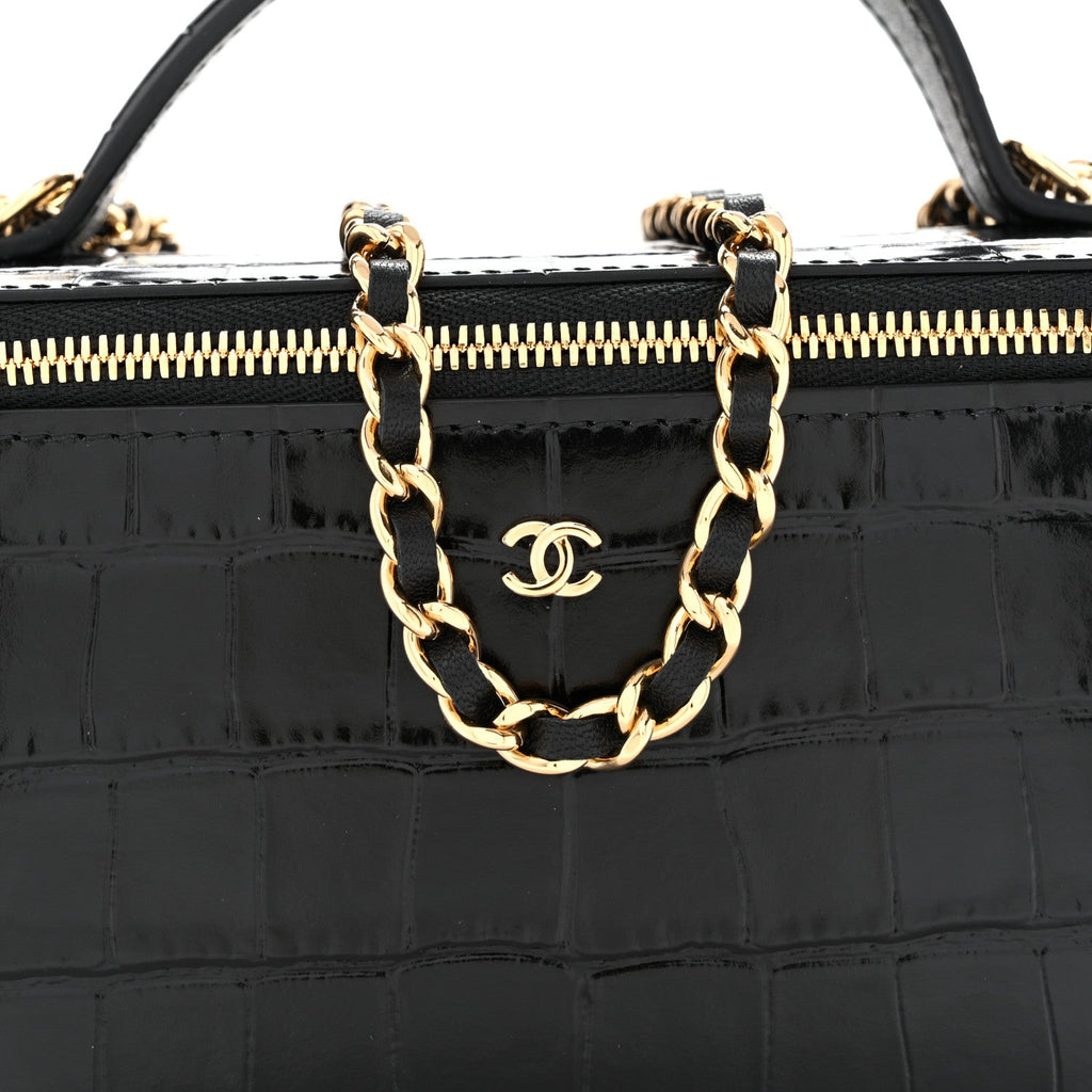 Calfskin Crocodile Embossed Crococo Small Top Handle Vanity Case With Chain Black