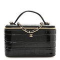 Calfskin Crocodile Embossed Crococo Small Top Handle Vanity Case With Chain Black